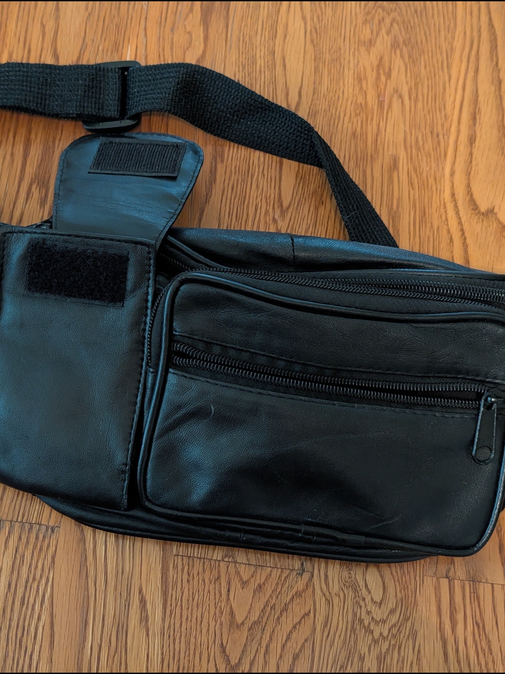 Vintage Black Leather Belt Bag Fanny Pack Adjustable Strap Multiple Pockets - Picture 7 of 13